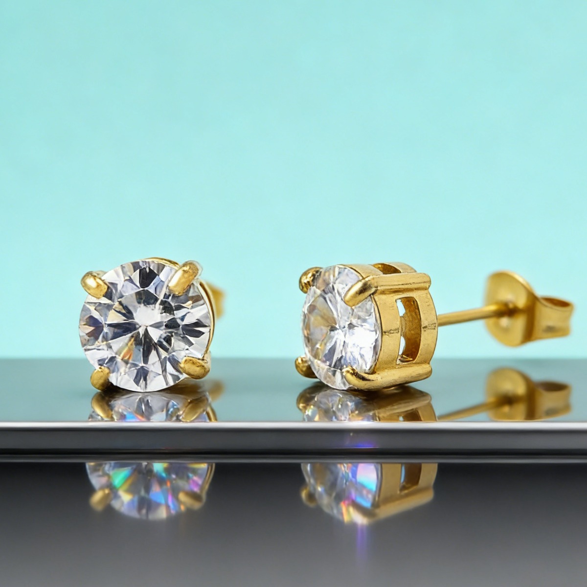 Chic Round Cut Moissanite Four-Prong Golden Stud Earrings