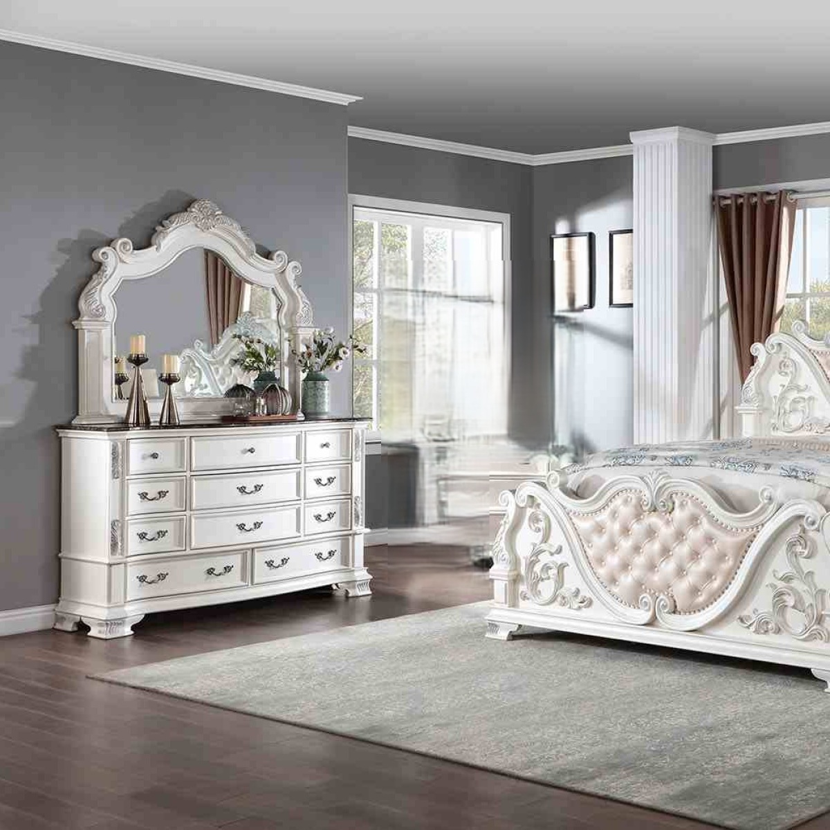 Luxury White 1pc Dresser Dovetail Drawers Genuine Marble Top Bronze Round Knob and Hanging Pulls BedroomEasy to Install Storage Unit Ready to Use Out of Box