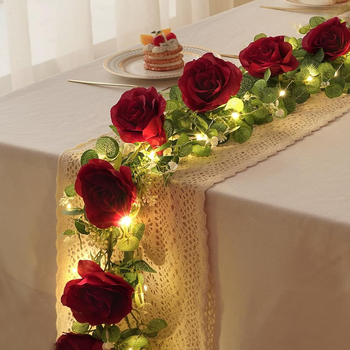 TEMU 1pc 2m/ 6.5ft Artificial Eucalyptus Garland With Roses Flowers, Artificial Greenery Garland For Weddings, Bridal Showers, Birthdays,