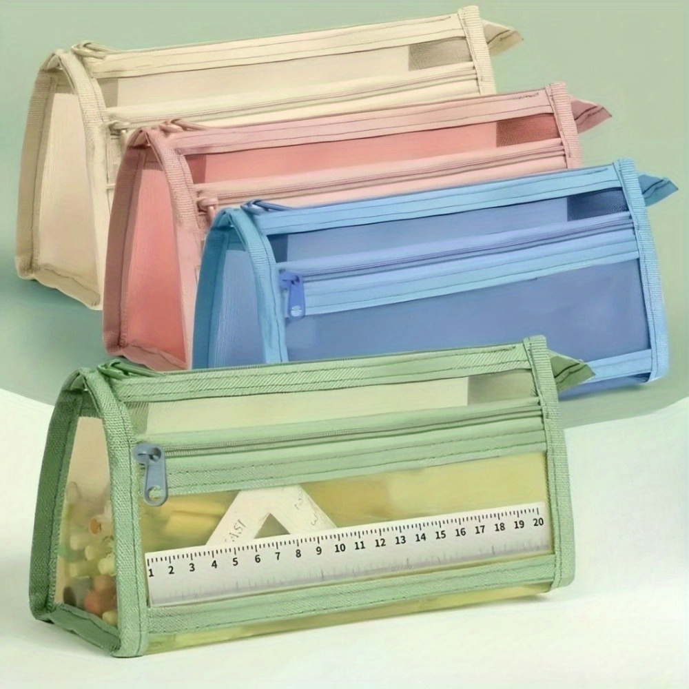 item picture 1pc 4pcs durable mesh pencil case large capacity zippered multifunctional portable stationery pouch organizer for school supplies cosmetics