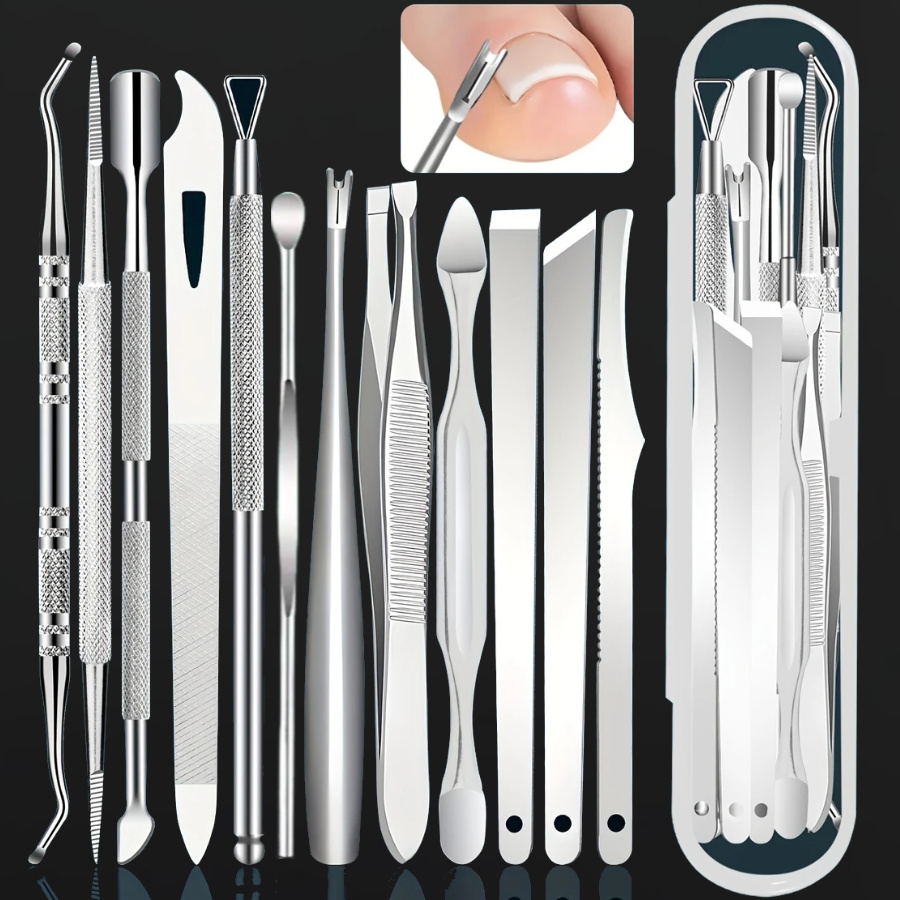 Image of 12pcs Stainless Steel Manicuring Tool Set - Odorless Portable Foot Care And Nail Art Set, Including Cuticle Remover And Ingrown Toenail Trimmer, Portable Storage Box