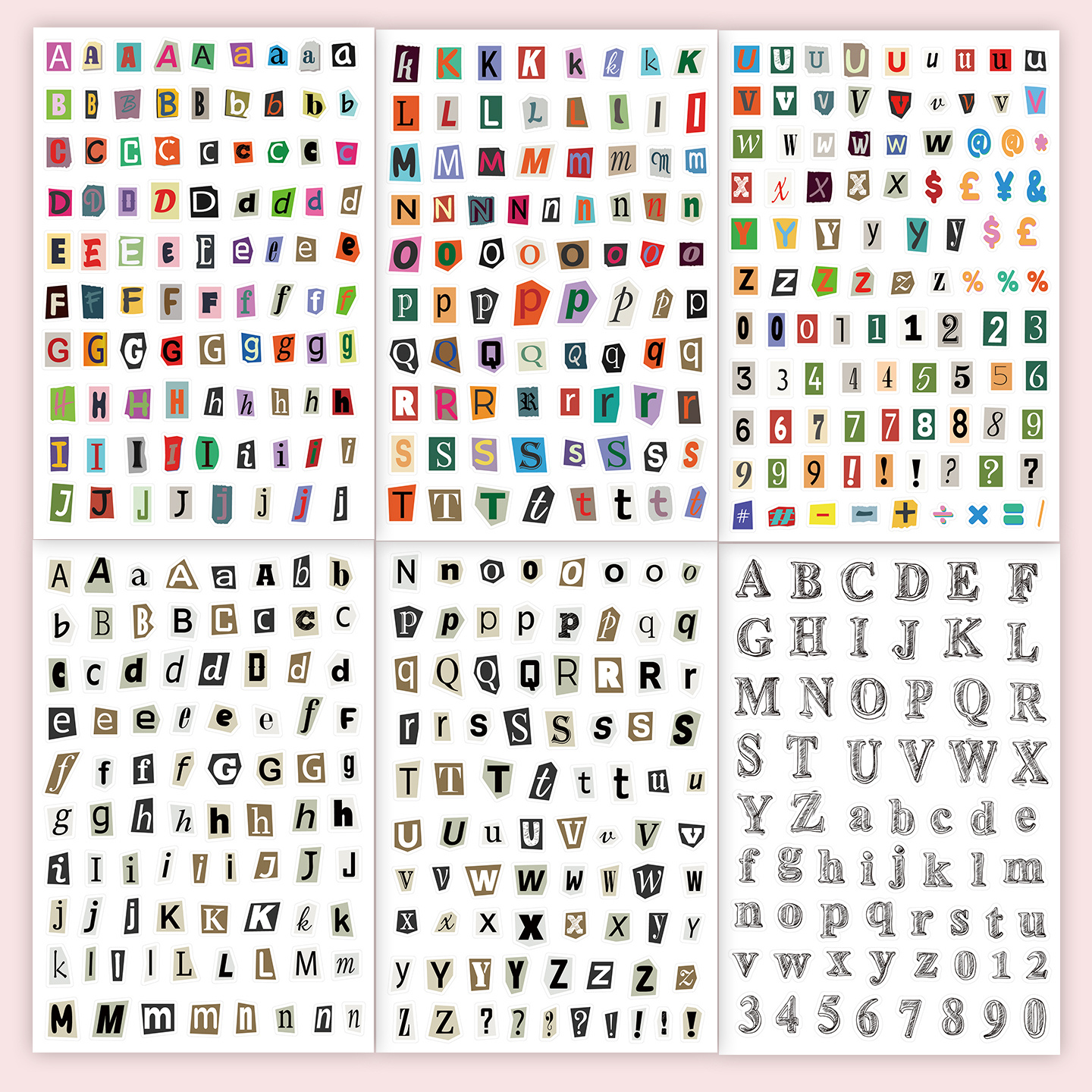 E-shop 468 Aufkleber, 6 Bögen, Buchstaben-Aufkleber, farbenfrohe Collage-Stil-Alphabet-Zahlen-Aufkleber für Tagebuch-Journal-Dekoration, kreative