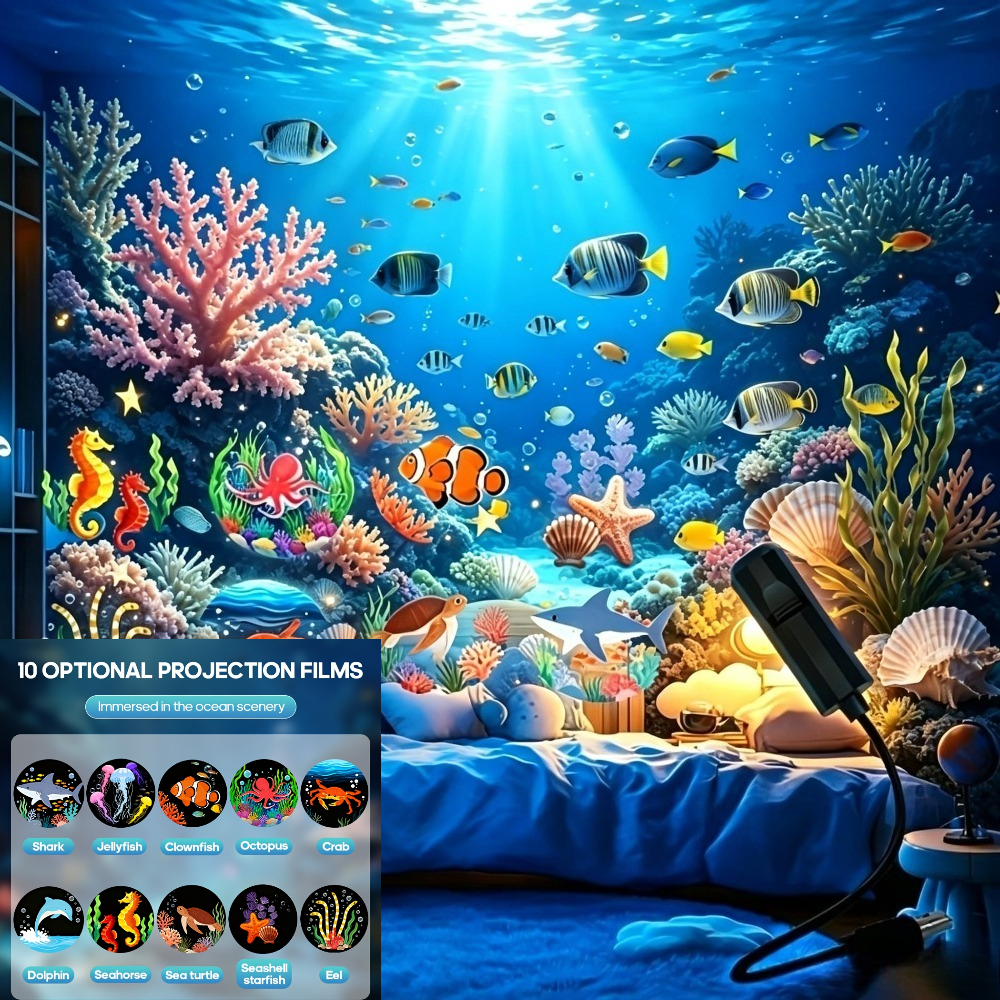TEMU Veilleuse à thème, contenant diverses scènes océaniques uniques, représentant de vivante diverses . Lampe à projection océanique LED, lumière