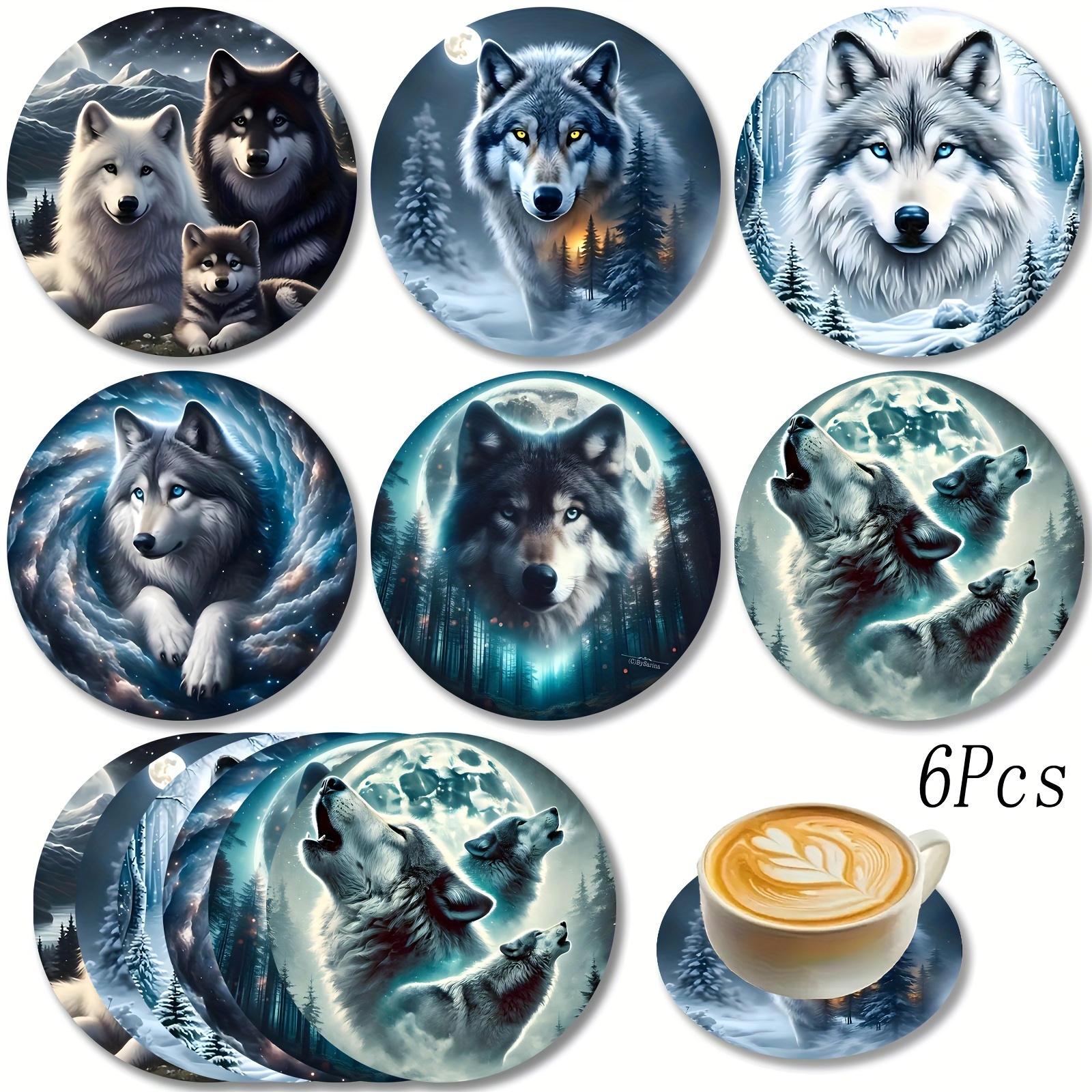 TEMU 6pcs Arctic Wolf Themed Coaster Set Suitable For Christmas, Wood Drink Coasters With Wolf, Hand-washable Table Protectors For Home Decor,
