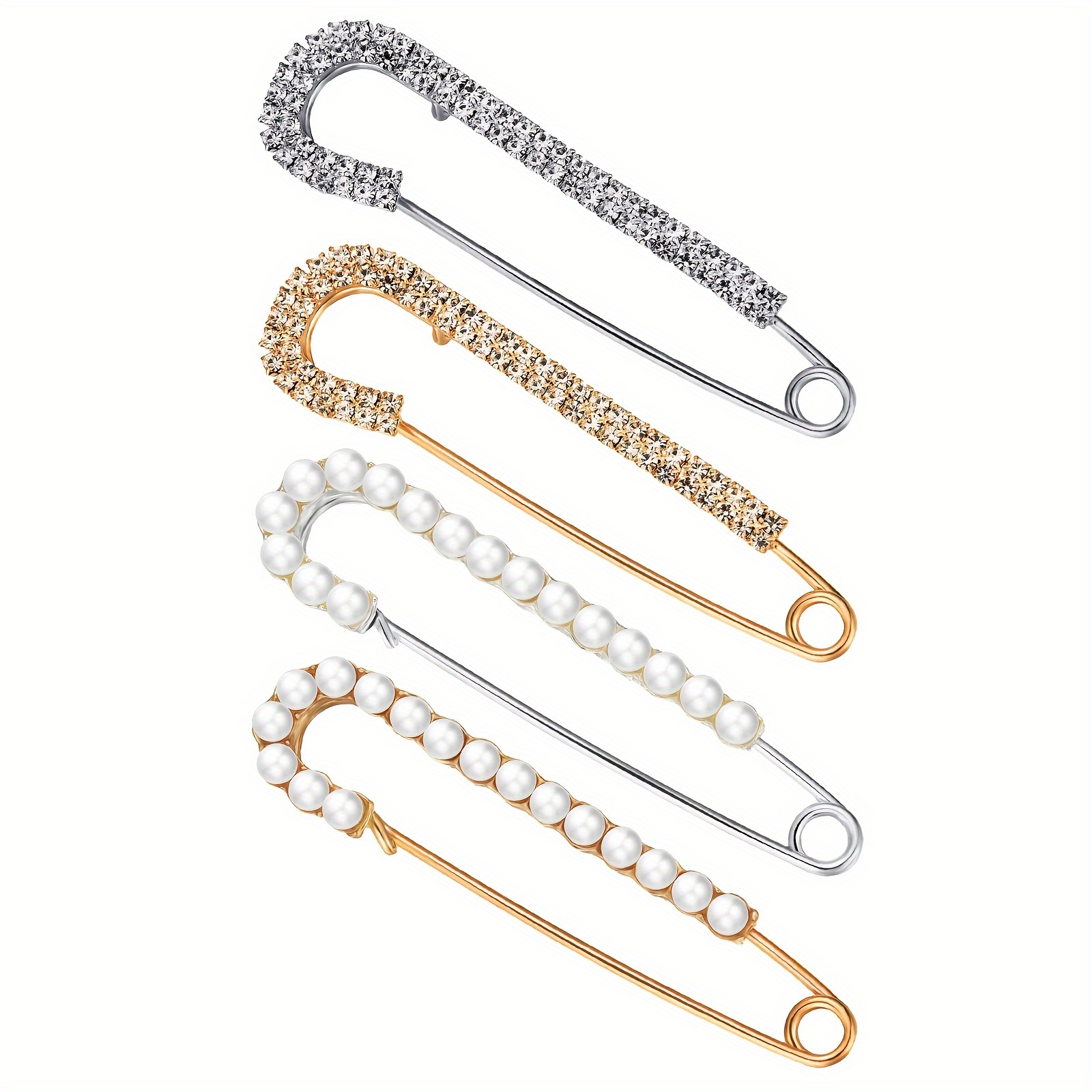 4pcs Yanxyad Elegant Luxury Brooch Pins Set, Alloy Square Shape With Crystal& Pearl, Novelty Safety Pins For Sweater Shawl Dress Shirt, Golden& Silvery Finish
