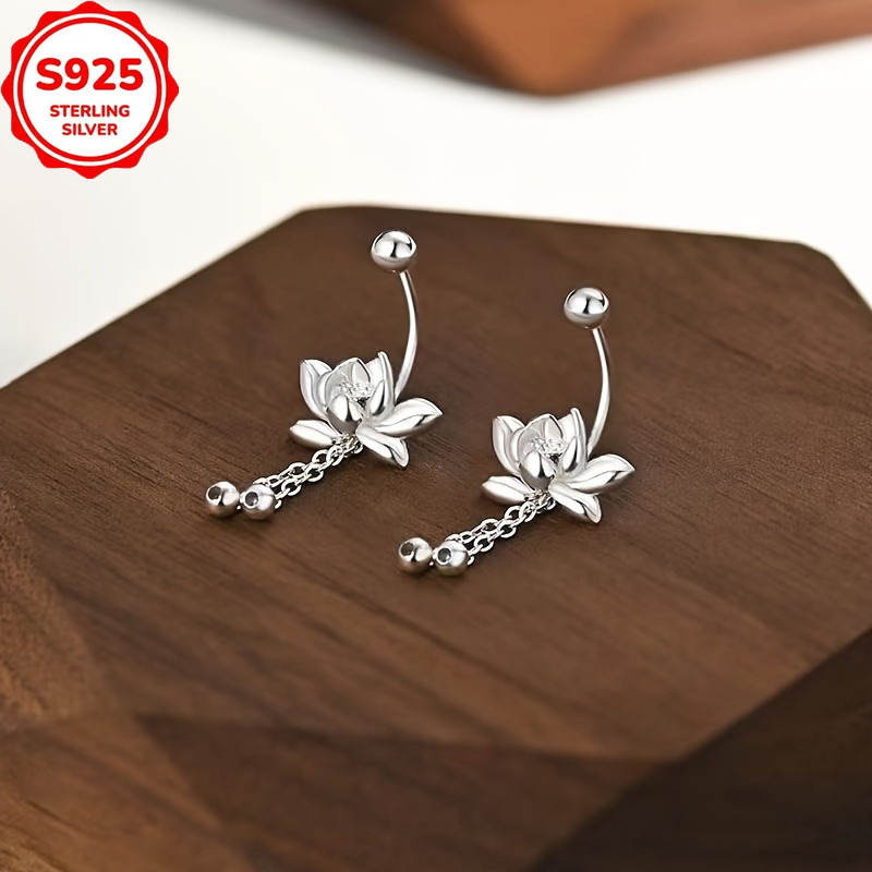 pair of elegant s925 sterling silver for lotus tassel earrings retro   hypoallergenic   daily wear and   Product details 1