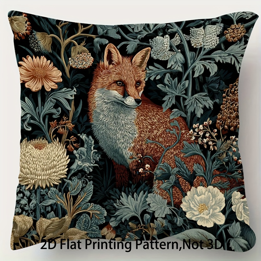 TEMU 1pc 2d Flat Printed Botanical Fox William Vintage Style Pillowcase, Short Plush Pillow Cover, Zipper Closure, Machine Washable, Suitable For