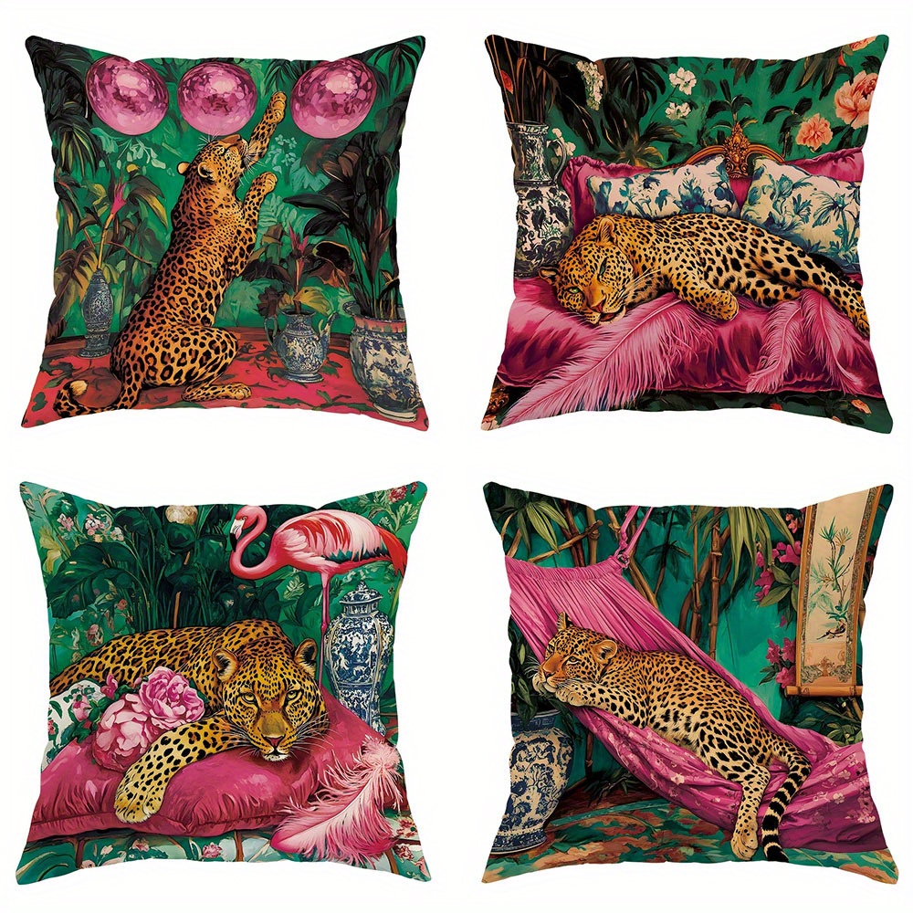 TEMU 4pcs Leopard Print Floral Green Decorative Throw Pillow Covers - For Balcony Garden Patio Furniture Tent Swing Outdoor Decor Sofa Home Decor