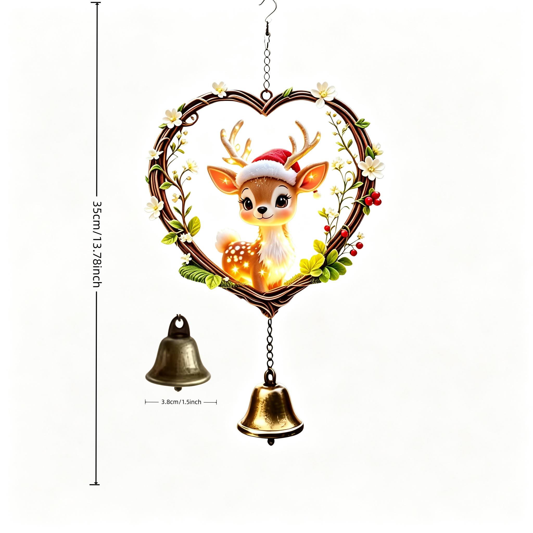 TEMU Heart-shaped Wreath With Christmas Deer And Single Wind Chime Handmade Hanging Ornament, For Courtyard Arches And Outdoor Hanging Decor. The