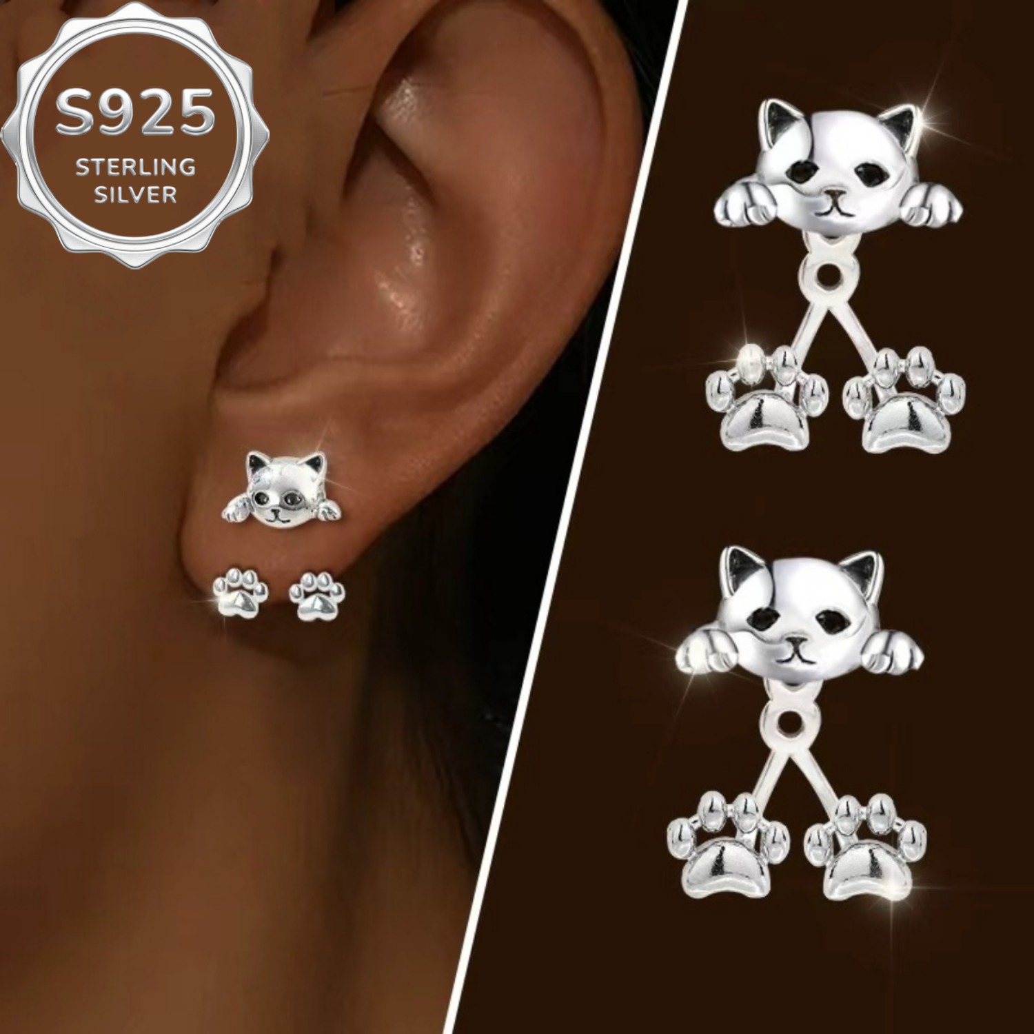 TEMU A Pair Of S925 Silver Cat Paw Pendant Earrings With Fashionable And Unique For Women, Shape, Exquisite And Sweet, Suitable For Daily Versatile