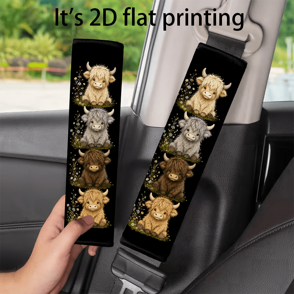 TEMU 2pcs Car Seat Belt Shoulder Covers, Highland Cow Pattern Safety Belt Pads, Soft Polyester Fiber Cushion Protectors For Car Interior Trim