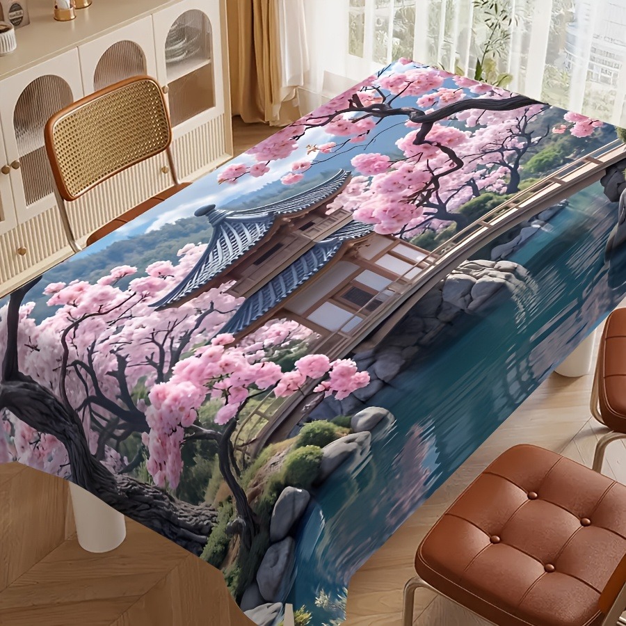 TEMU A Japanese-style Cherry Courtyard Patterned Tablecloth Featuring Pink Blossoms And A Wooden Bridge Design, High-quality Elegant Party Tablecloth