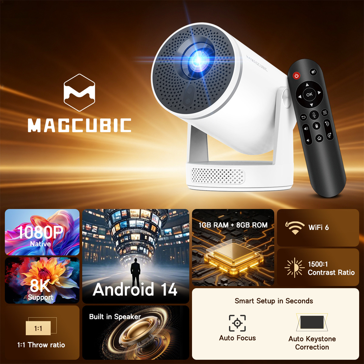 Image of Magcubic Smart Short Throw Projector, Local 1080p Full Hd Support 8k, 14.0 , Wifi 6 Bt5.4, Integrated Built-in 3w Speaker With Voice Control, 180° Rotatable Design