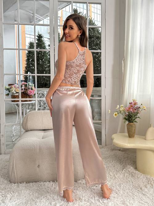 new lace spliced camisole and long pants pajama set homewear suitable for gifting or wearing outdoors for women