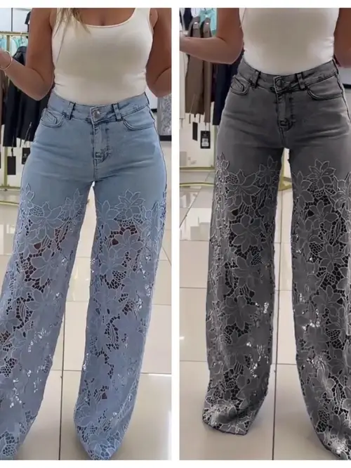 womens high waisted wide leg jeans stretchy non see through pants with lace accent formal everyday jeans for women elegant office party outfits ladies jeans versatile clothing durable fabric casual wear stylish denim fashion women
