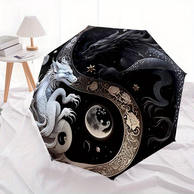 Yin Yang Dragon Design Fashionable Automatic Opening/Closing Folding Umbrella with 8 Iron Bones, Plastic Handle, Windproof Portable Sunshade Umbrella Halloween and Christmas gifts A164