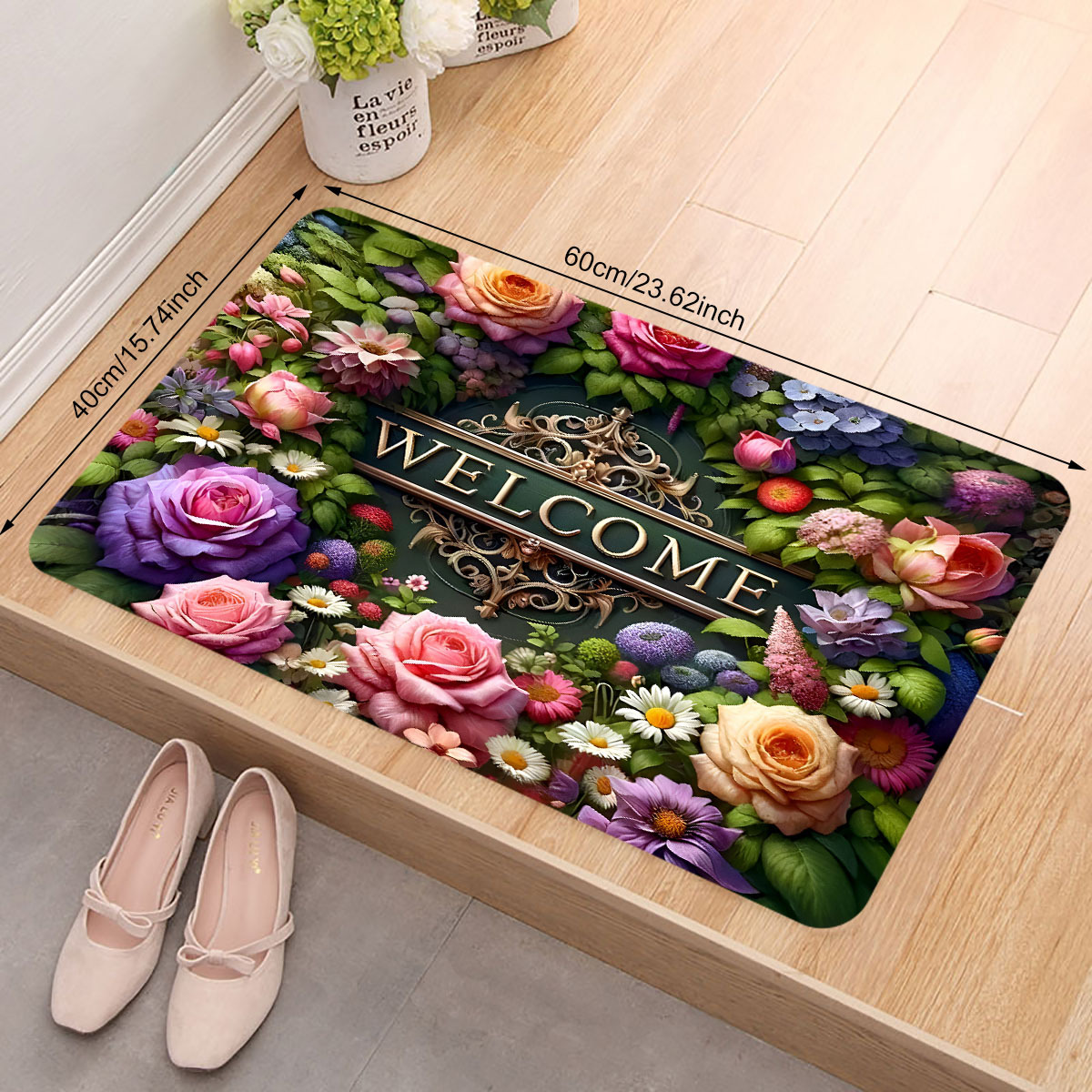 welcome floral doormat polyester non slip stain resistant lightweight washable rectangular entrance mat with     indoor outdoor christmas thanksgiving valentines easter graduation details 1