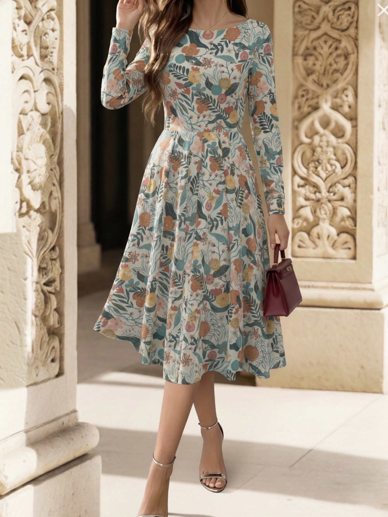 long sleeve midi dress a line A-Line Floral Jacquard Soft Knit Midi Dress