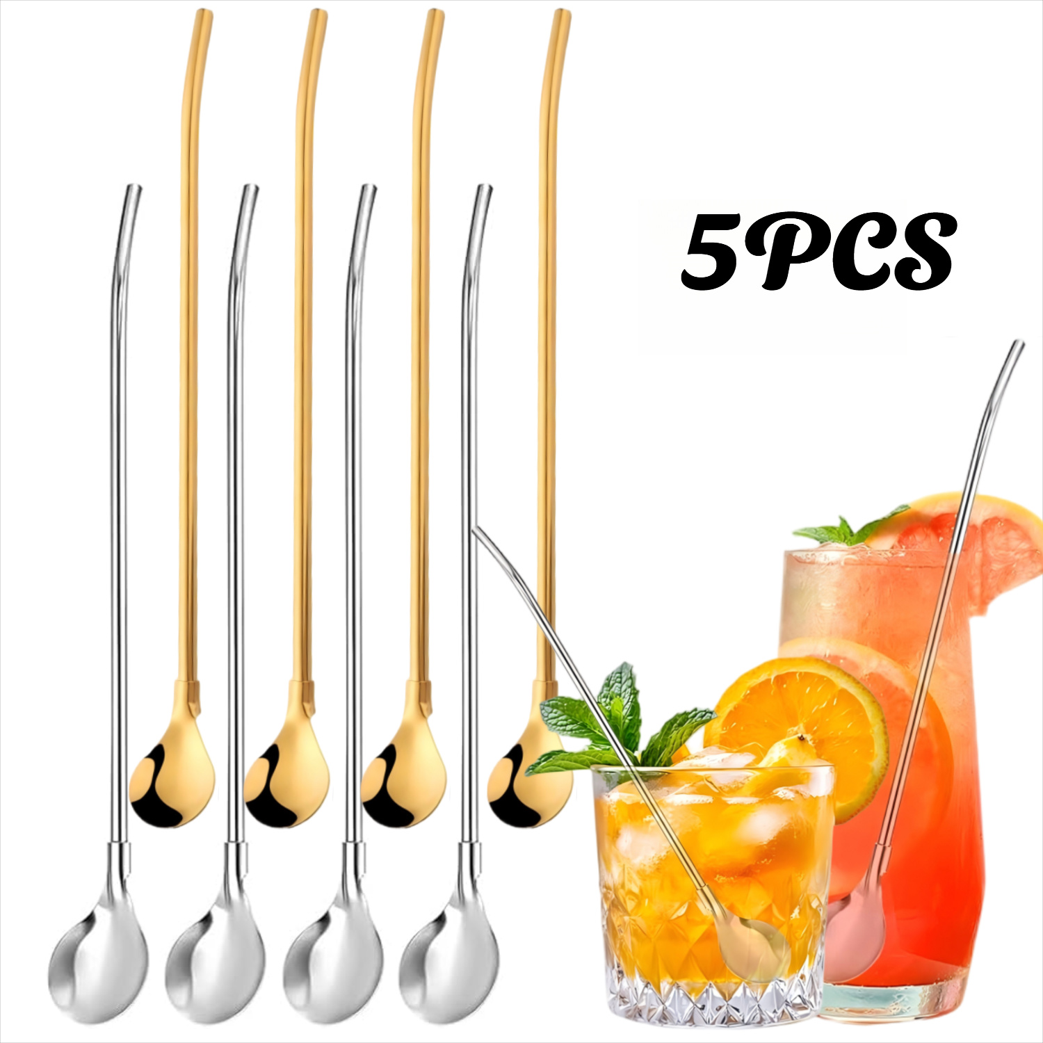 5pcs Golden/silvery Stainless Steel Straws, Reusable Straws, 2-in-1 Metal Straw With Spoon, Metal Straw With 1 Cleaning Brush For Smoothies, , Coffee And Other Drinks