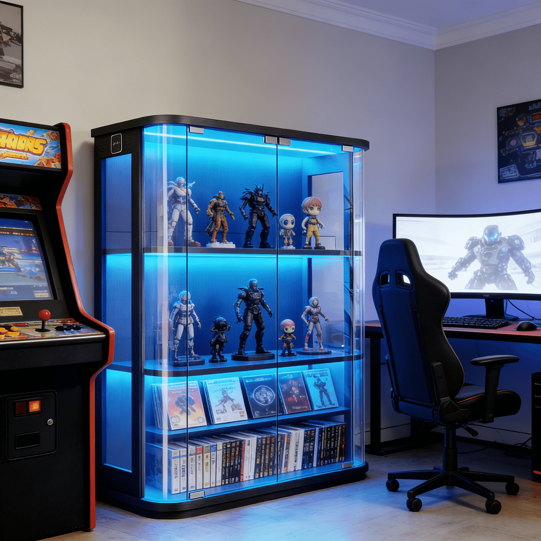 Vitrine 3 niveaux verre éclairage induction RGB