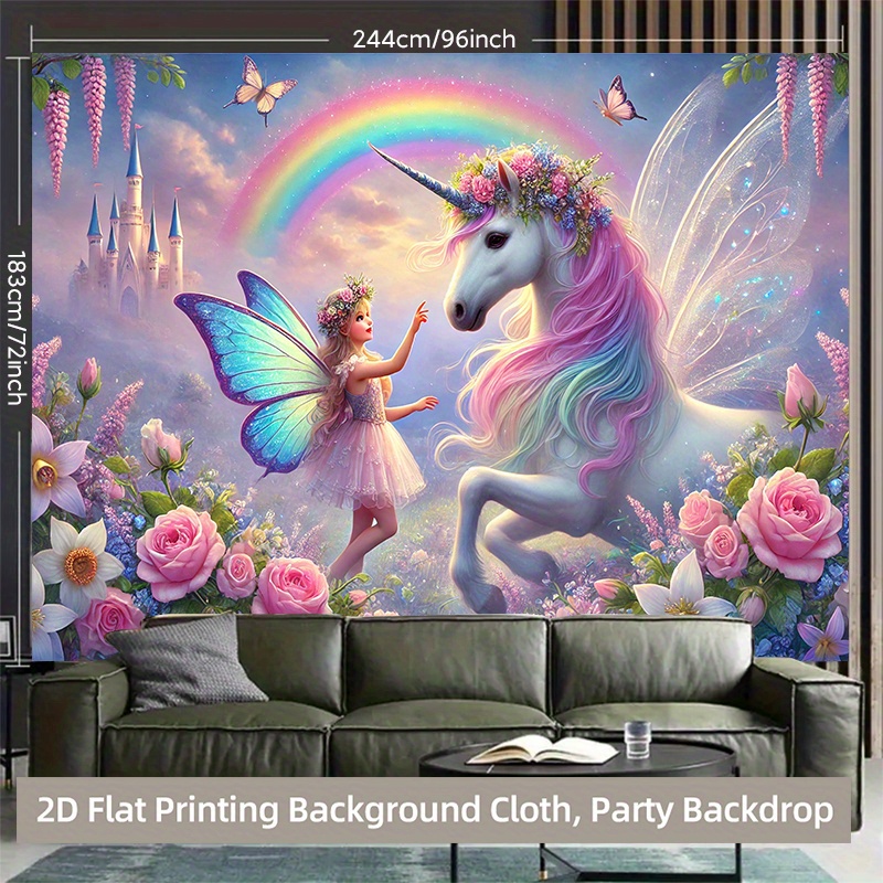 TEMU 2d Flat, 2d Flat Printing Backdrop Banner 1pc, Magical Unicorn Scene Vibrant Background Cloth For , Wedding, Birthday, Christmas, Thanksgiving,