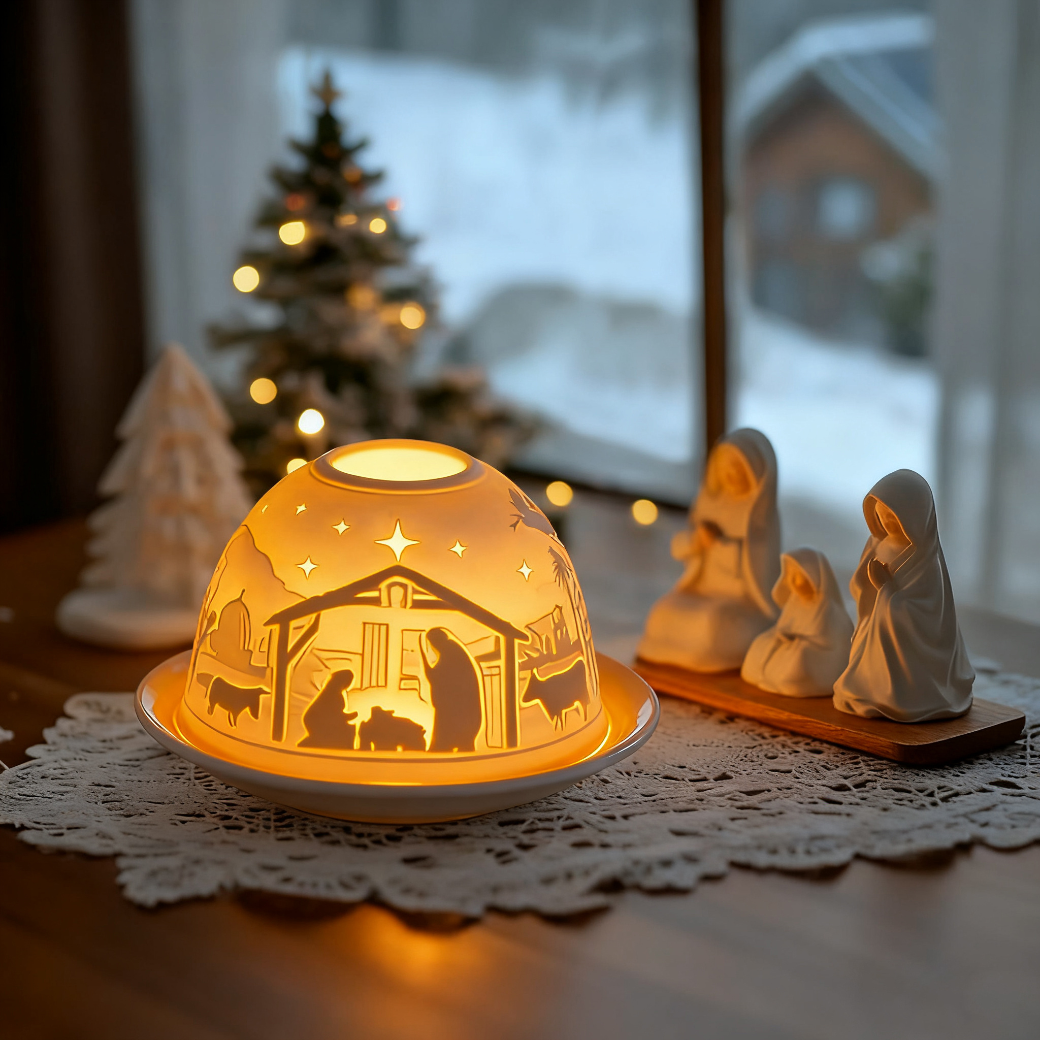 Image of White Ceramic Lamp Bowl Candle Holder Nativity Cutout Night Light, Christmas Religious & Decor For Bedroom Living Room, Gift
