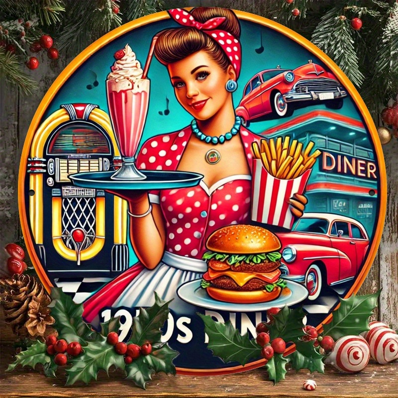 Vintage 1950s Diner Waitress Round Tin Metal Signs Home Décor 8x8