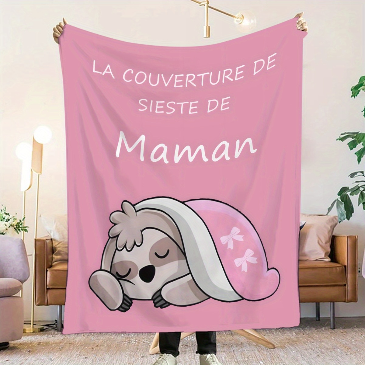 TEMU 1pc Couverture en flanelle douce à thème français pour maman - "La couverture de de maman" Design, rose et blanc confortable, confort toutes ,