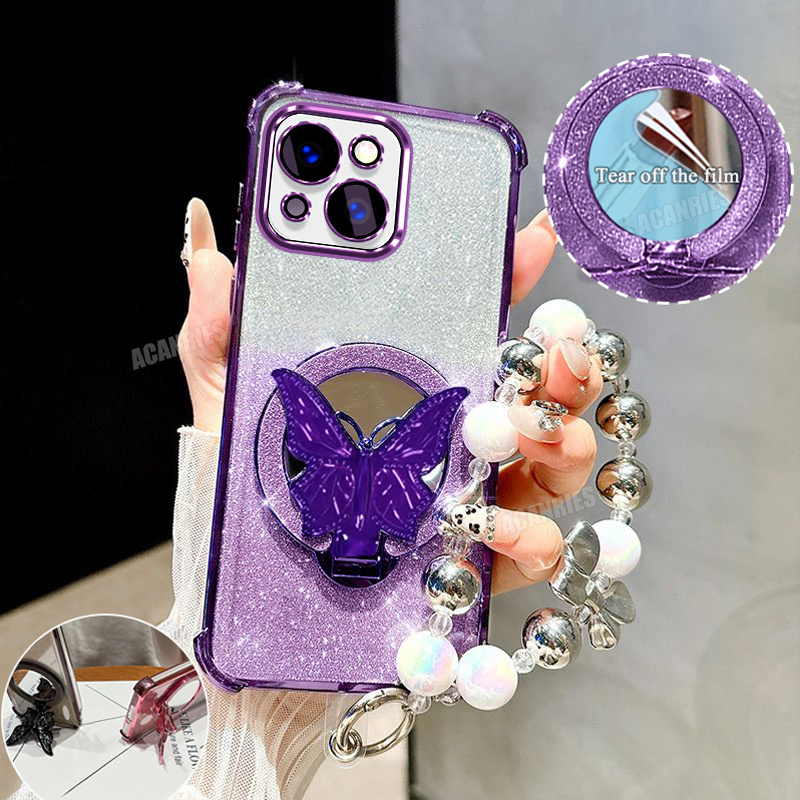 TEMU Acanries Luxury Mirror Glitter Bracket Folding Stand Holder Beads Lanyard Bracelet Wrist Strap Plating Gradient Shockproof Phone Case For Iphone