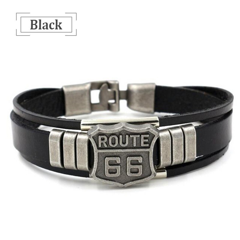 TEMU 1 Bracelet pour Homme en Cuir Marron/Noir sur le Thème de 66, Style Moto Vintage en Cuir de Pleine Fleur + Alliage Usé, Cordon en Cuir Tressé