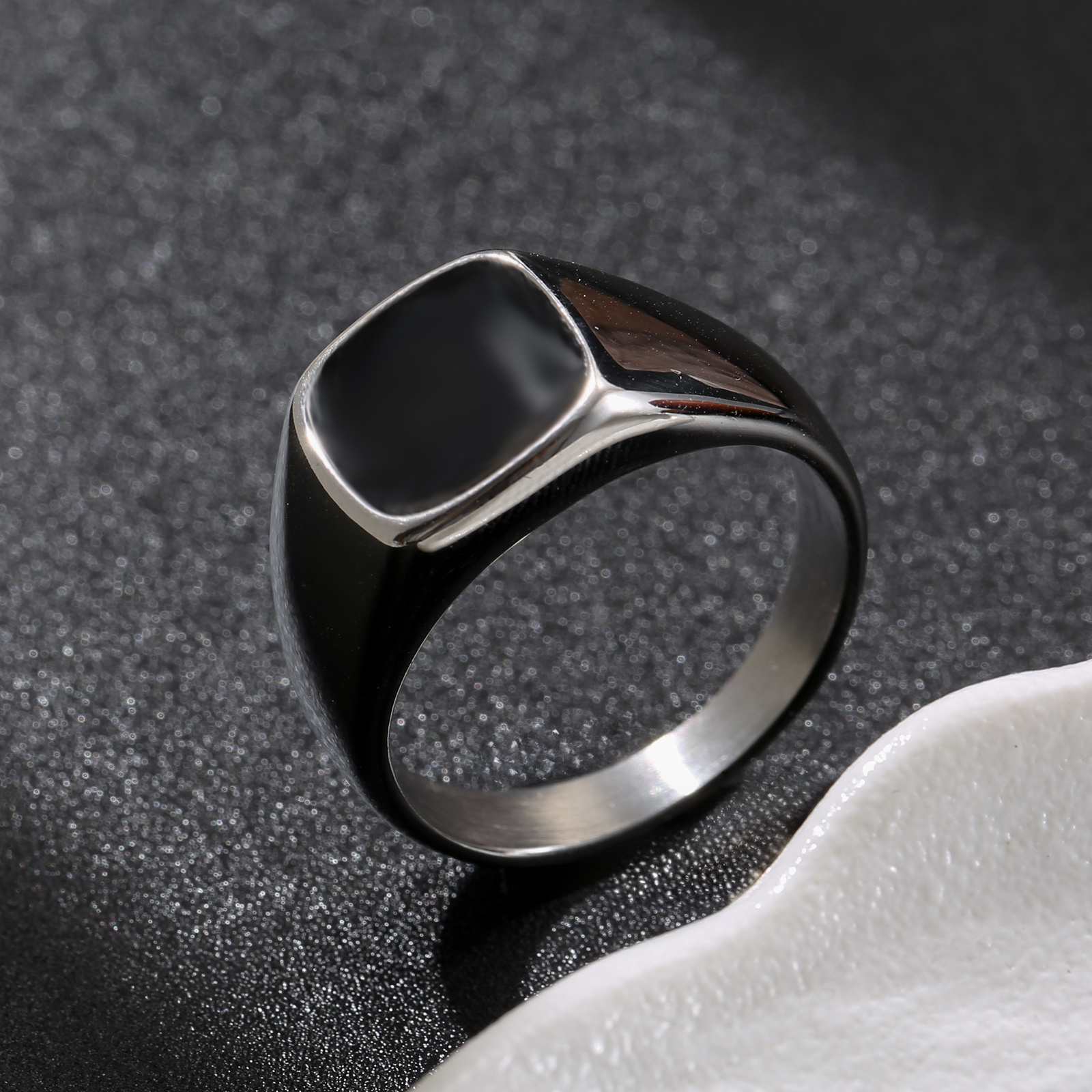 Image of 1pc 304l 304l Stainless Steel Silvery Square Black Enamel Signet Ring Minimalist Luxury Men's Ring Men's Ring Ring Gift 304l 304l Stainless Steel Jewelry, Without Battery