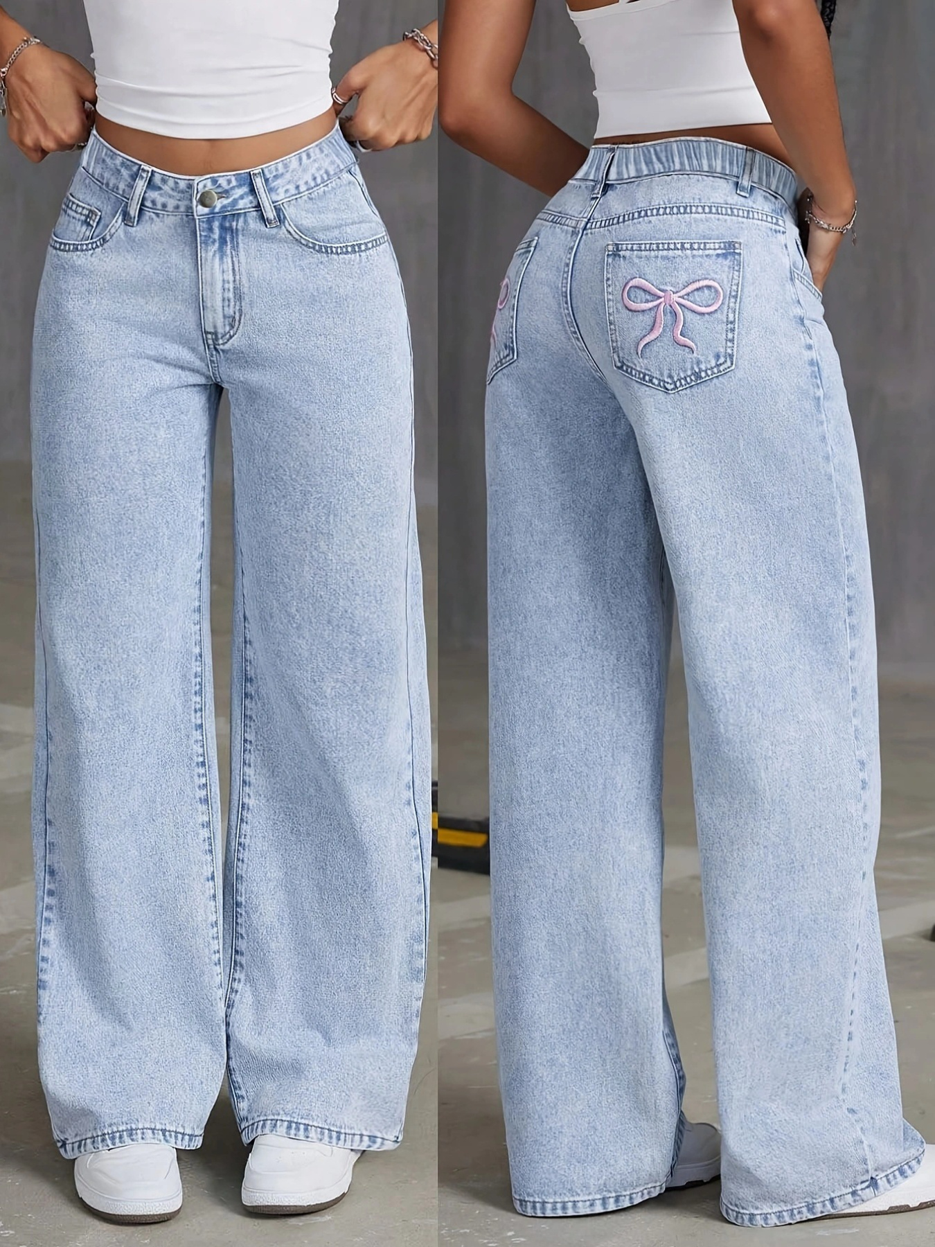 girls bow embroidered wide leg jeans light acid wash high elastic waist pink bow back pocket detail relaxed baggy fit   casual school shopping   outfit kids clothes girls jeans teen girl clothes pants wide leg pants for girls