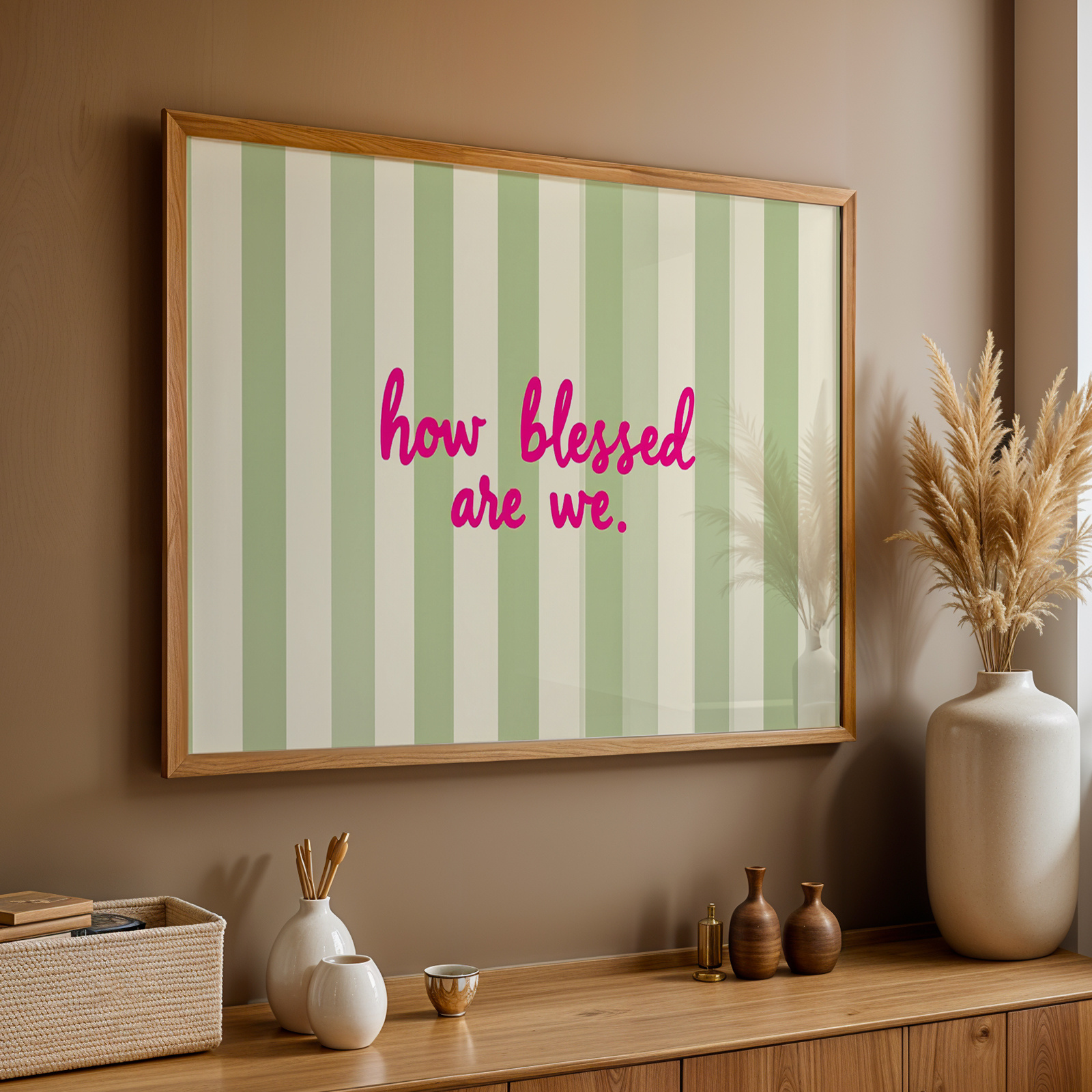 E-shop 2D Flach, 2D Flach, Ein Vintage-Poster mit christlicher Kunst in Grün und Pink, betitelt "Wie Wir Sind". Dieses Leinwandbild dient als