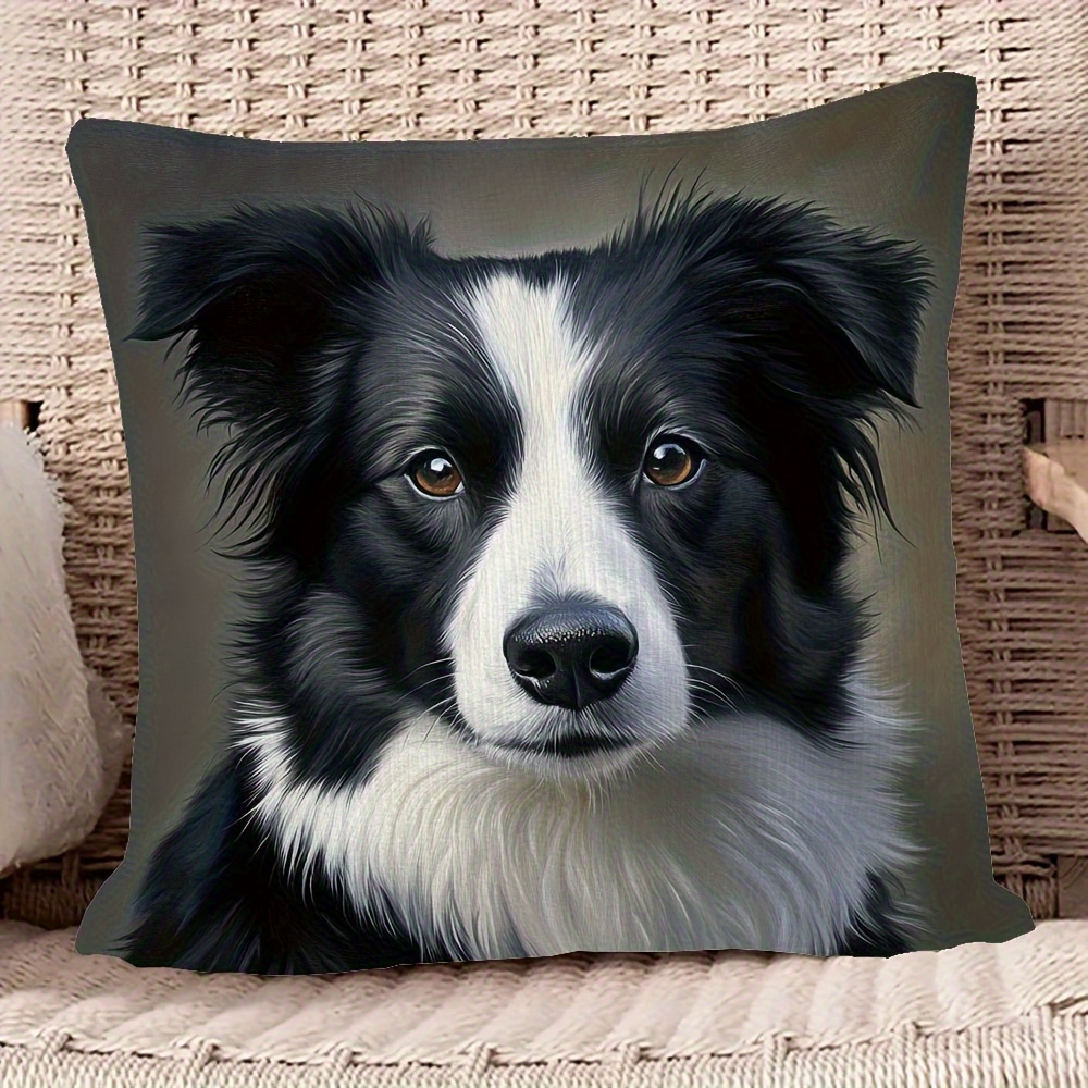 TEMU 1pc Border Collie Decorative Pillowcase - Soft Plush, Zipper Closure, Hand Washable Polyester, Black And Design, Ideal For Sofa, Living Room,