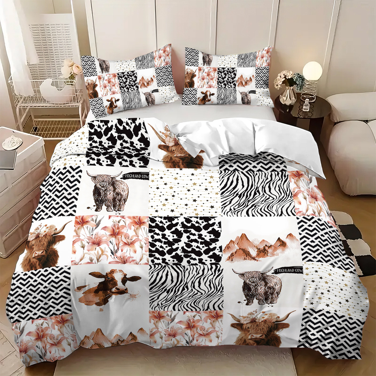 TEMU 3pcs Set (1 Duvet Cover + 2 Pillowcases, Without Core) Floral Highland Cow Spliced Element Printed Duvet Cover Set, Soft And Comfortable,