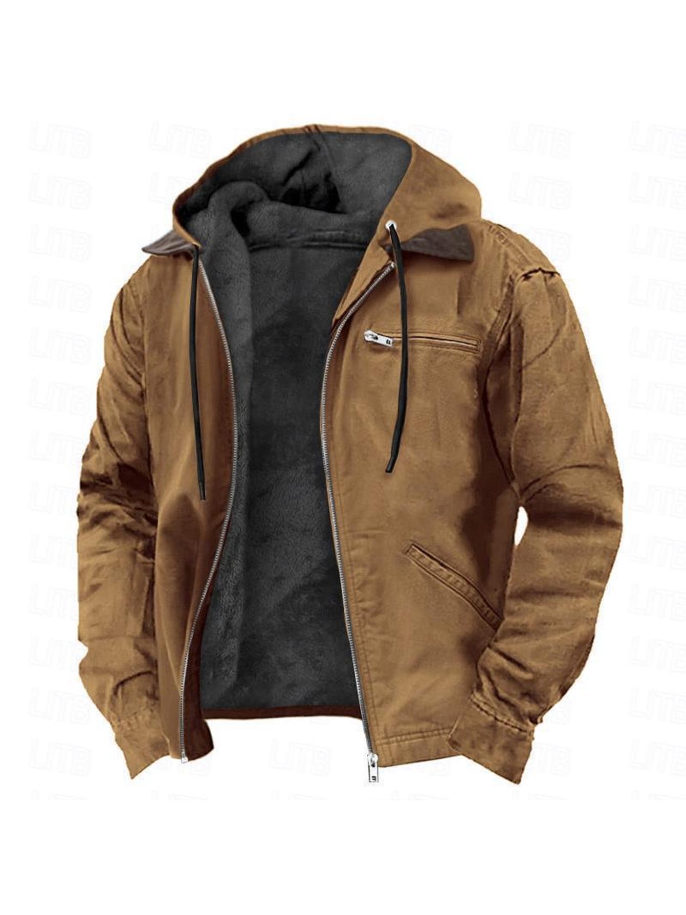 item picture mens solid color fleece lined hooded jacket full zip up warm winter casual outerwear drawstring hood design multiple functional pockets long sleeve durable fabric loose fit windproof daily work wear mens thickened hooded coat for autumn winter