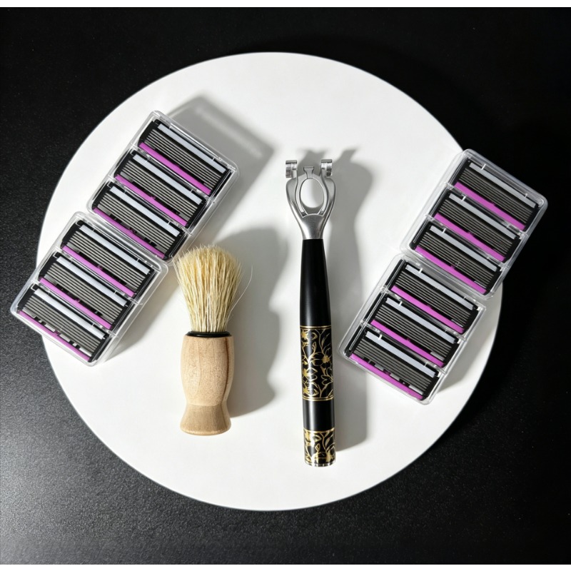 TEMU Luxury Six-piece Stainless Steel Blade Manual Razor Set, , 1 Handle Plus Replacement , Beard Brush Included, Unisex, Can Shave Hair All Over The