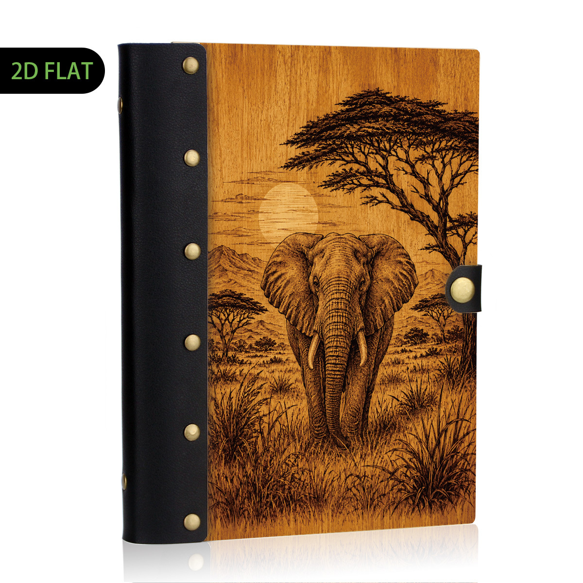 TEMU 1pc Leather And Wooden Hardcover Notebook Design, 2d Flat Journal Diary, Rustic Wood Grain Sunset Acacia Line Art, Travel Writing Office Gift