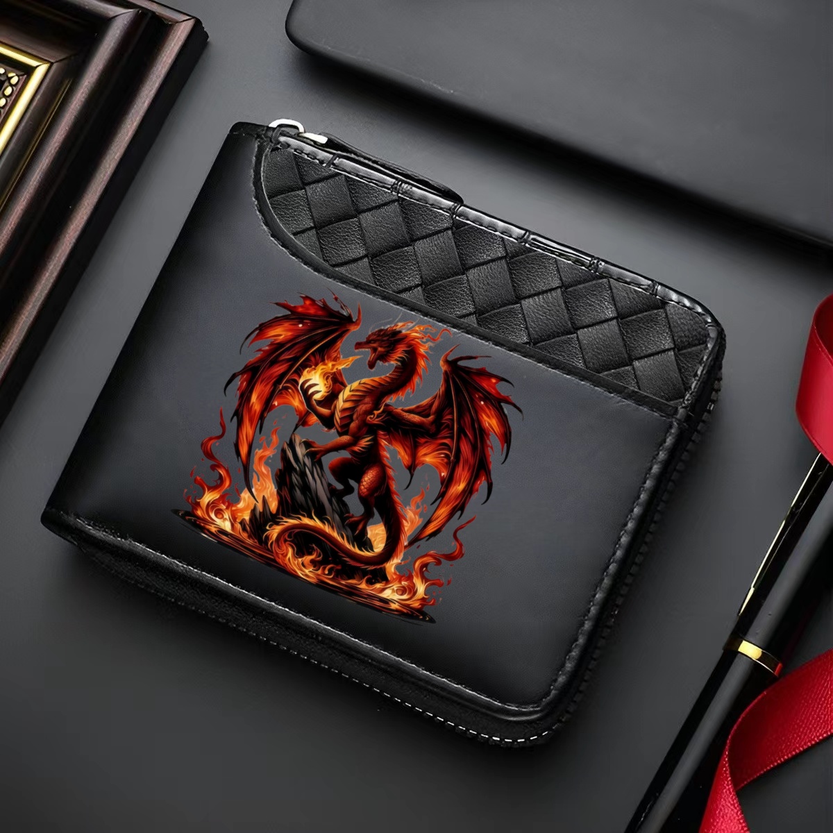 TEMU Men's Print Wallet - Pu Zipper Card Holder With Coin Pocket