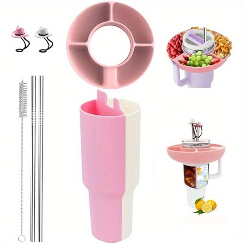 Cup Accessories 2In1 Inner Cup Tray and Snack Tray with Reusable Silicone Straw Toppers Pink and White