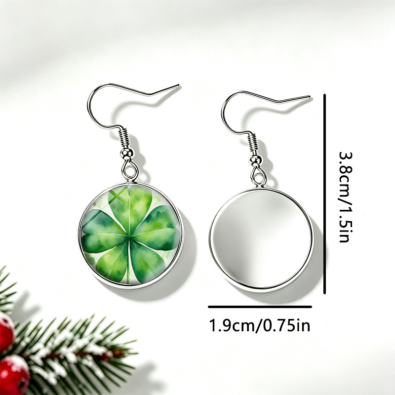 Watercolor Four-Leaf Clover Round Glass Cabochon Dangle Earrings