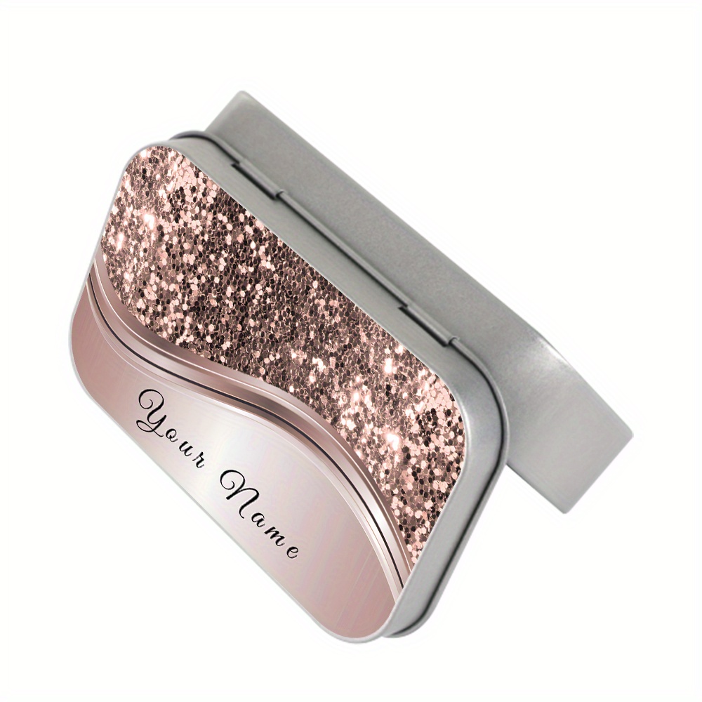 TEMU 1pc Personalized Custom Simulated Glitter Name Text Metal Hinge Tin Box, Mini Portable Small Decorative Box, Snap Closure Rectangular Storage