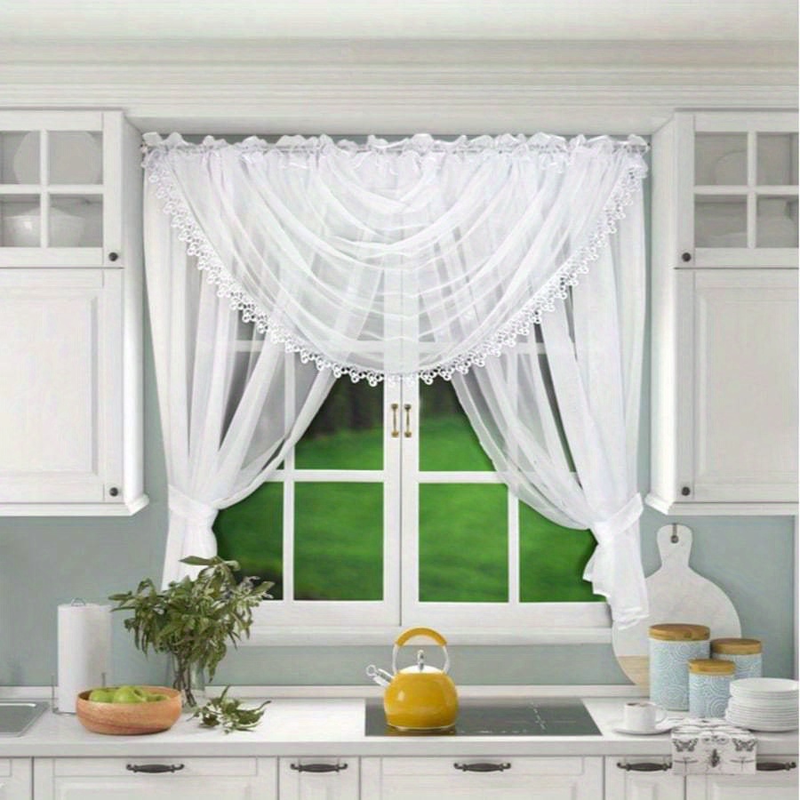 1pc Trilon Fabric Valance Integrated Light-transmitting Curtain, Soft & Comfortable, Solid Color Lace Decoration, Modern & , 400x150cm, Perfect For Cafes, Restaurants & Kitchens