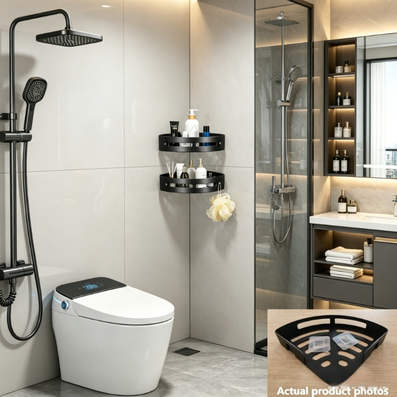 TEMU Black Bathroom Corner Shelf, 3pcs (1pc Shelf And 2pcs Hooks) No Drilling Required, , Tidy Organization For Bathroom Items, Space-saving Design,
