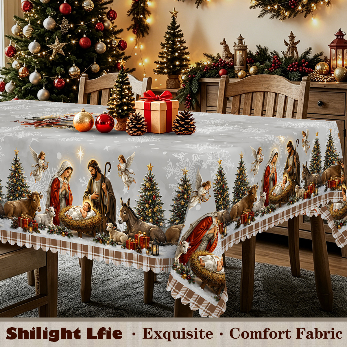 TEMU 1pc Nativity Tablecloth Featuring Angels, Christmas Tree, Sheep And , The Nativity Scene, Snowflake And Star Background, Christmas Family