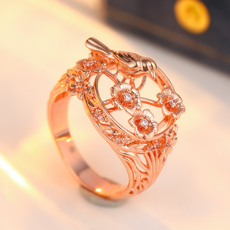 Women's Elegant Flower & Bird Pattern Carved Ring, Handmade Copper