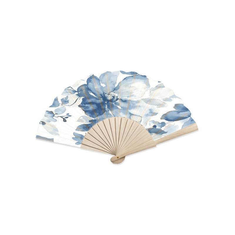TEMU 1pc Handheld Folding Fan, Wooden Hand Fan, Easy To Carry, Lightweight Summer Cooling Fan - Blue Watercolor Floral Pattern, Ideal For Parties,