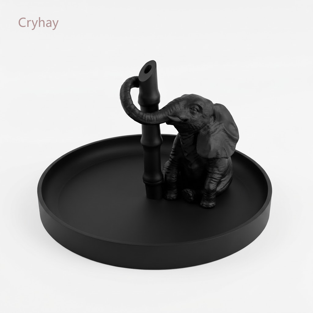 TEMU Porte-encens éléphant noir avec design de bec roulé, assorti d'un plateau à cendres rond, style zen, ornement de décoration de bureau pour salle