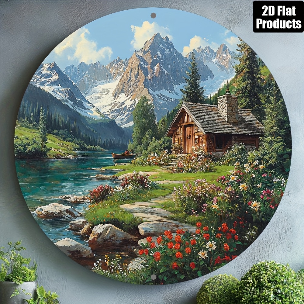 TEMU 2d Flat Landscape Mountain And Cottage Theme Round Wooden Decorative Sign, Suitable For Bar Kitchen Room Office Decor, Holiday Gift, 2d Flat