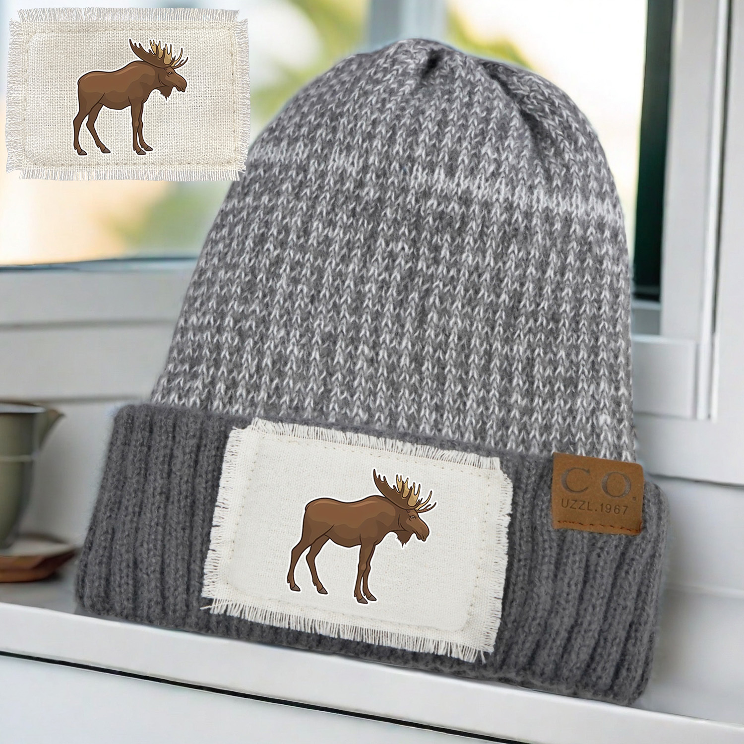 

Cozy Fleece-lined Beanie With Moose Print - Warm, Stylish Knit Hat For Fall & Winter, Gray And White With Cream Accents, 100% Polyester, Winter Hat